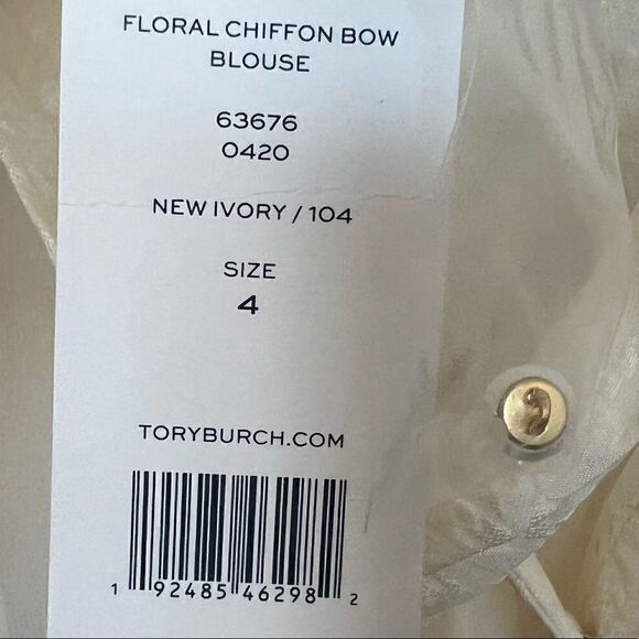 Tory Burch New Ivory Floral Chiffon Bow Blouse Size 4 - Picture 9 of 11
